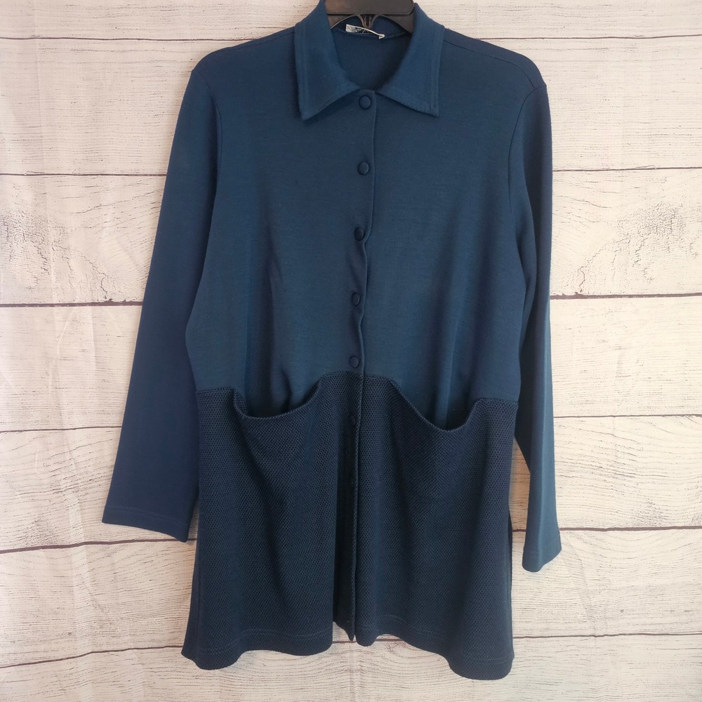 Y2K Miss Jackson's Tulsa M Medium *Holes* Snap Front Sweater Pockets Blue 1400